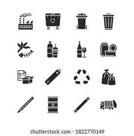 Recycling and sorting of waste glyph flat icon set. Garbage sorting. Vector illustration trash, factory, garbage truck, radioactive rubbish