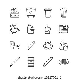 Recycling and sorting of waste line flat icon set. Garbage sorting. Vector illustration trash, factory, garbage truck, radioactive rubbish. Editable strokes