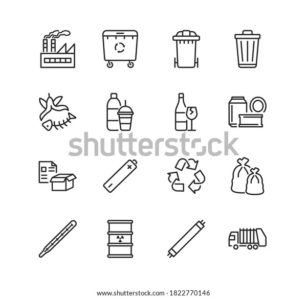 Recycling and sorting of waste line flat\
icon set. Garbage sorting. Vector illustration trash, factory,\
garbage truck, radioactive rubbish. Editable\
strokes