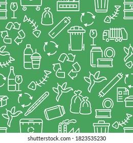 Recycling and sorting of waste seamless pattern with flat line white icons on green background. Garbage sorting