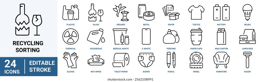 Recycling and sorting web line icons. Recycling thin line icons isolated on white. Plastic, glass, food. Ecology icon set. Environment.