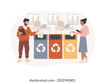 Recycling station isolated cartoon vector illustrations. Diverse colleagues throw trash into special bins, smart sustainable office, modern workplace, renewable station vector cartoon.