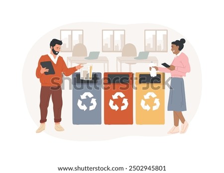 Recycling station isolated cartoon vector illustrations. Diverse colleagues throw trash into special bins, smart sustainable office, modern workplace, renewable station vector cartoon.