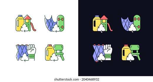 Recycling for sustainability light and dark theme RGB color icons set. Fishing gear reuse. Plastic lumber. Isolated vector illustrations on white and black space. Simple filled line drawings pack