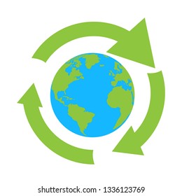 Recycling symbol around the earth planet. Eco icon. Vector illustration design