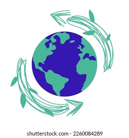 Recycling symbol around the globe. Planet Earth. Linear hand drawn recycle sign with leaves isolated on white background