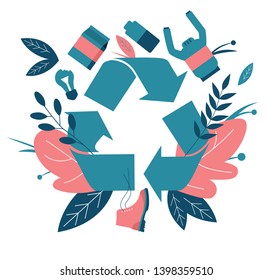 Recycling symbol. The arrows are decorated with flowers and leaves. Around old items. Glass, paper, clothes, shoes. A sweater, a broken light bulb, a paper bag, an electric battery. Vector Illustratio
