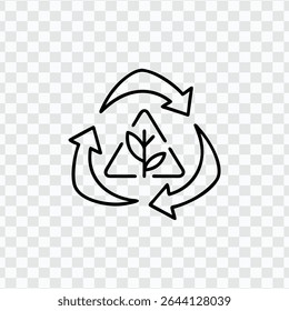 Recycling symbol with arrows and a plant, representing eco-friendly practices and sustainability.