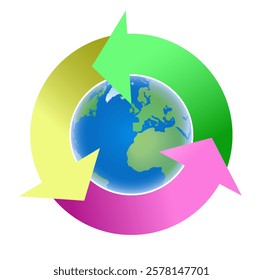 Recycling symbol. Recycling arrows surround the earth. Vector art illustration