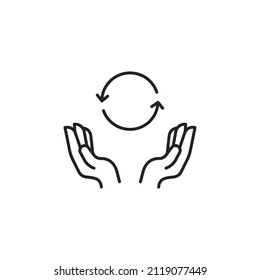 Recycling symbol between two human hands. Outline icon. High quality black vector illustration.