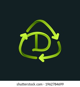 Recycling symbol with D letter line logo. Green reuse sign with rotating arrows. Vector font for your upcoming eco-friendly and zero waste projects. 