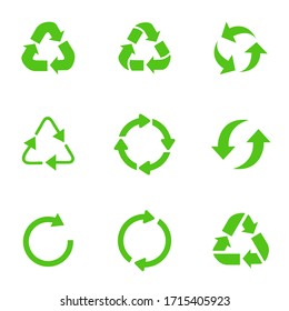 Símbolo de reciclaje de fondos ecológicamente puros, conjunto de flechas, imagen vectorial de colección verde.