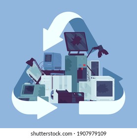 Recycling symbol for electronic appliances waste trash pile. Environment care for unwanted technology devices, not working digital rubbish, used materials. Vector creative stylized illustration