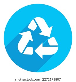 Recycling symbol. flat icon. long shadow design. blue background.