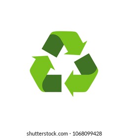 Recycling symbol with green arrows. Isolated recycle icon on the white background. Earth Day universal international symbol. Flat style. Vector Illustration. 