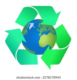 Recycling symbol. Green recycling arrows surround the earth. Vector illustration