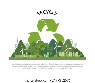 Recycling symbol with green city ecology and energy. save the planet and energy concept. Vector illustration.