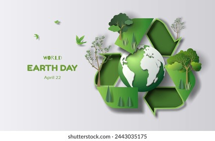 Recycling symbol with green leaves and a beautiful earth, save the planet and energy concept, paper illustration, and 3d paper.