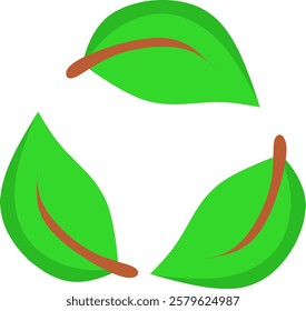 Recycling symbol with green leaves and brown stem.