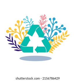 Recycling symbol. Icon in flat style. Icon recycling on the background of flowers and leaves. Flat Vector Illustration