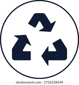 Icono de símbolo de reciclaje dentro de un marco circular, Ilustración vectorial sólida azul oscuro que representa la sostenibilidad, la protección del medio ambiente y los programas de reutilización de residuos.
