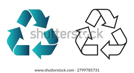 Recycling symbol icon set with three arrows in teal gradient and black outline style, perfect for environment, sustainability, ecology and green design projects.