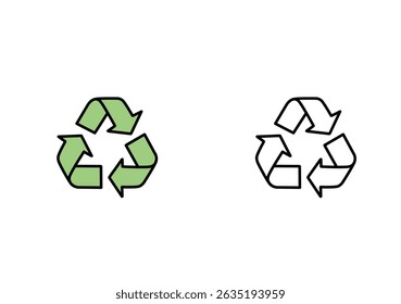 Recycling symbol icons in filled green and black outline styles. Vector design isolated on white background. Suitable for eco, environment, and sustainability themes.
