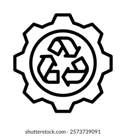 Recycling symbol inside a gear shape. Editable stroke.