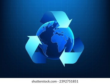 Recycling symbol inside is a globe. It shows how to help prevent global warming and use renewable energy as clean energy to reduce carbon emissions. Vector illustration