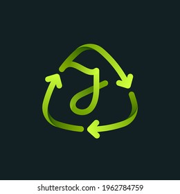 Recycling symbol with J letter line logo. Green reuse sign with rotating arrows. Vector font for your upcoming eco-friendly and zero waste projects. 