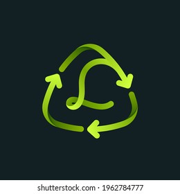 Recycling symbol with L letter line logo. Green reuse sign with rotating arrows. Vector font for your upcoming eco-friendly and zero waste projects. 