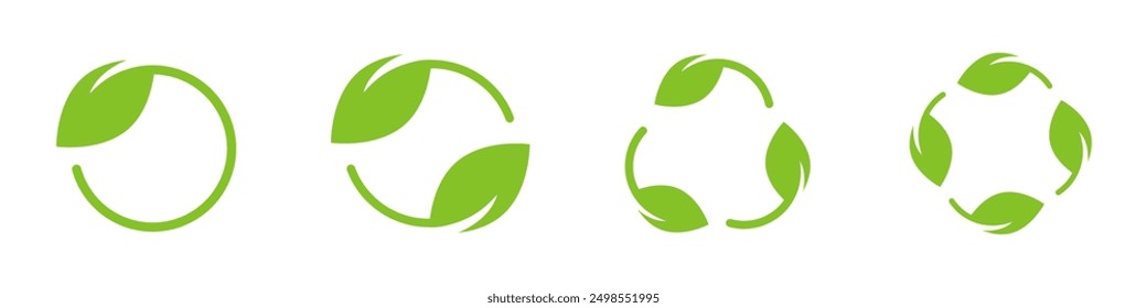 Recycling symbol leaves. Recycle, recycling, green, icon, eco, recyclable, leaf, leaves, ecology, waste, vector, symbol, recycled, organic, sign, ecological, environmental. Recycle icon set.