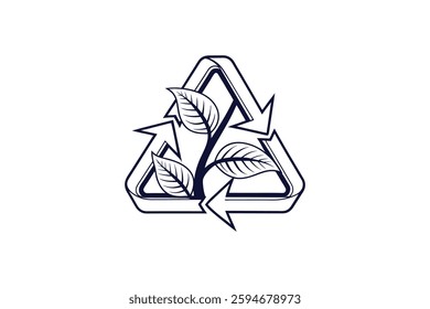 recycling symbol with leaves silhouette line art vector illustration