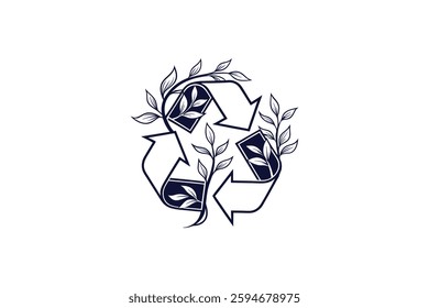 recycling symbol with leaves silhouette line art vector illustration