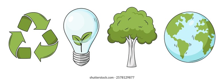 Recycling symbol, light bulb, tree, and Earth icons. Vector illustration