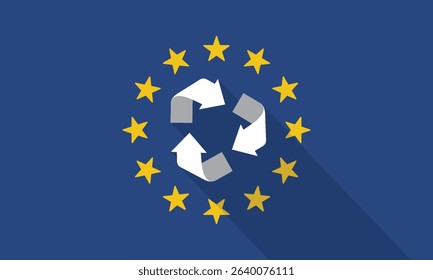 Recycling Symbol with Long Shadow on the European Union Flag.