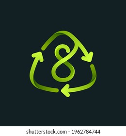 Recycling symbol with number eight line logo. Green reuse sign with rotating arrows. Vector font for your upcoming eco-friendly and zero waste projects. 