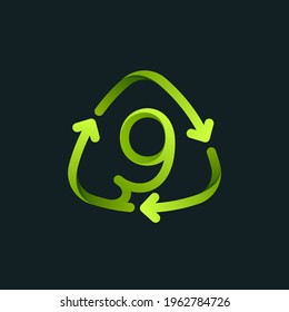 Recycling symbol with number nine line logo. Green reuse sign with rotating arrows. Vector font for your upcoming eco-friendly and zero waste projects. 