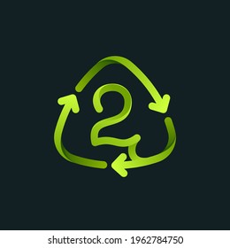 Recycling symbol with number two line logo. Green reuse sign with rotating arrows. Vector font for your upcoming eco-friendly and zero waste projects. 