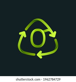 Recycling-Symbol mit Logo der Nummer Null. Grünes Wiederverwendungszeichen mit rotierenden Pfeilen. Vektorgrafik für Ihre anstehenden umweltfreundlichen und kostenlosen Abfallprojekte. 
