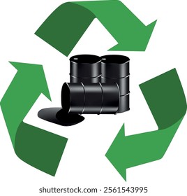 Recycling symbol with oil barrels and oil spill representing oil recycling and environmental issues