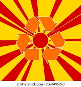 Recycling symbol on a background of red flash explosion radial lines. The large orange symbol is located in the center of the sun, symbolizing the sunrise. Vector illustration on yellow background