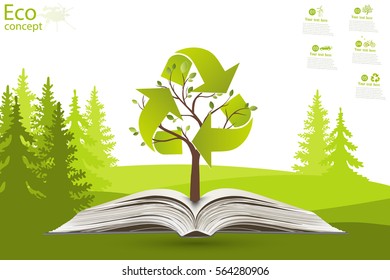 The recycling symbol on the tree. Green paper tree growing from an open book. The concept of ecology, to save the planet. Eco friendly. Open book legit on the grass. Vector illustration. 