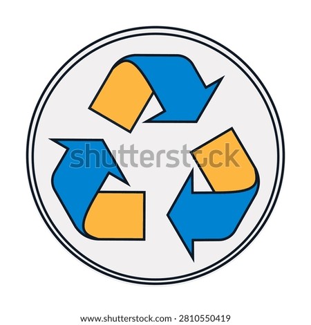 A recycling symbol on a white background with blue and yellow arrows moving in a circle. Vector.