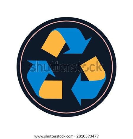 A recycling symbol on a white background with blue and yellow arrows moving in a circle. Vector.