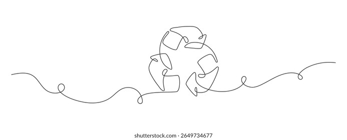 Recycling symbol in one continuous line. Minimalist linear icon of three arrows loop. Eco-friendly, sustainability and waste sorting concept. Vector outline illustration. Isolated on white.