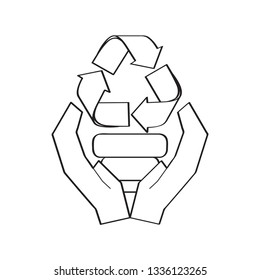 Recycling symbol outline resting in hands. Vector illustration design
