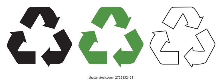 Recycling Symbol Outline and Solid Icons. Recycling symbols in outline and solid styles, representing sustainability, waste management, and environmental protection concepts on white background.