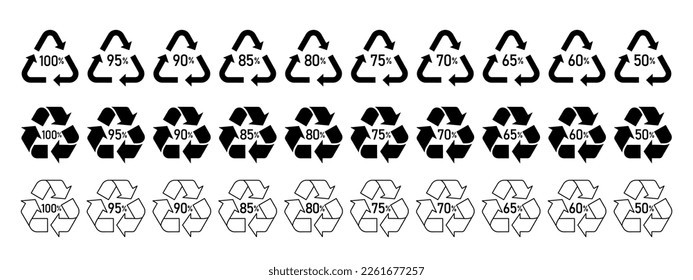 recycling symbol with percentage, set of design element, black vector icon set, recycled material