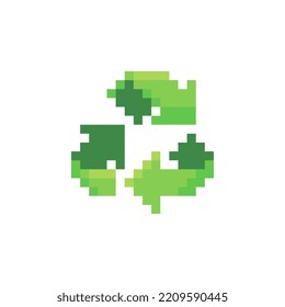 Recycling symbol pixel art icon, design for stickers, logo, mobile app, badges and patches, 8-bit sprite. Isolated vector illustration.
